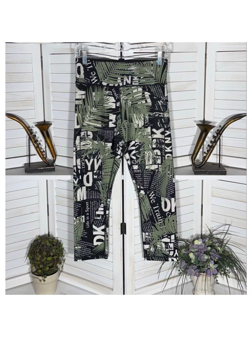 DKNY leggings capri forest leaves activewear yoga pilates atheisure whisigoth M